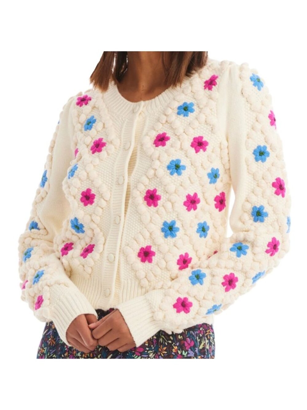 Allison New York Embroidered Pom Cardigan in Ivory Size Small New